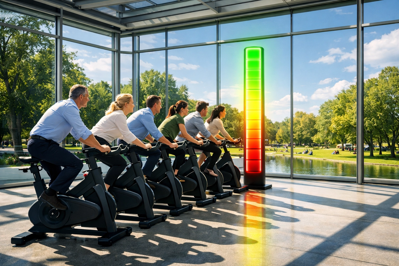 Fans pedaling sustainable energy bikes to power branding displays at Super Bowl 2026 events.