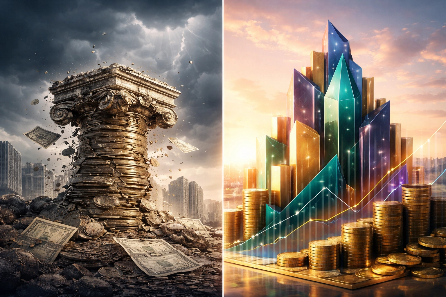 Contrasting financial strategies: declining traditional investments versus resilient, modern diversified structures.