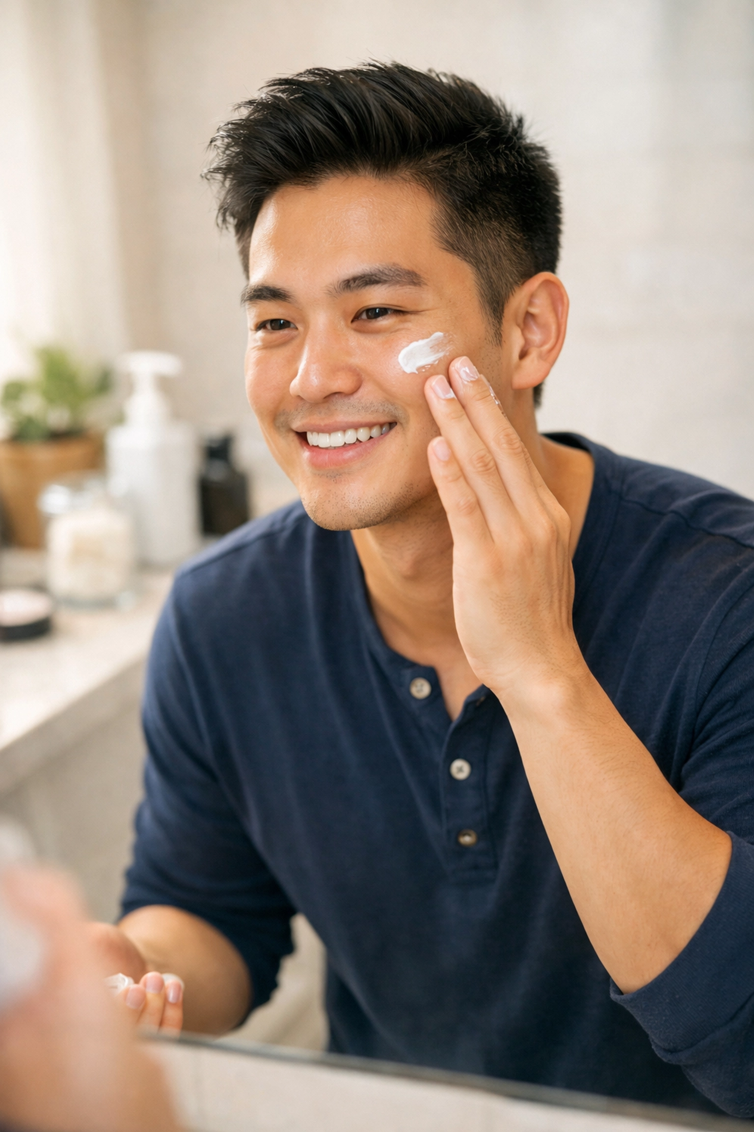 Man applying moisturizer as part of quick morning skincare routine