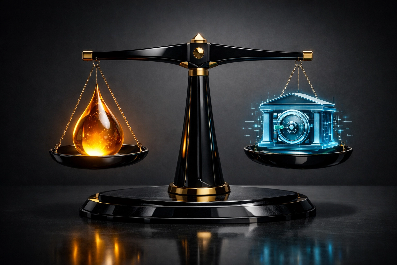 Futuristic scale weighing oil prices against monetary policy to stabilize the economy of India.