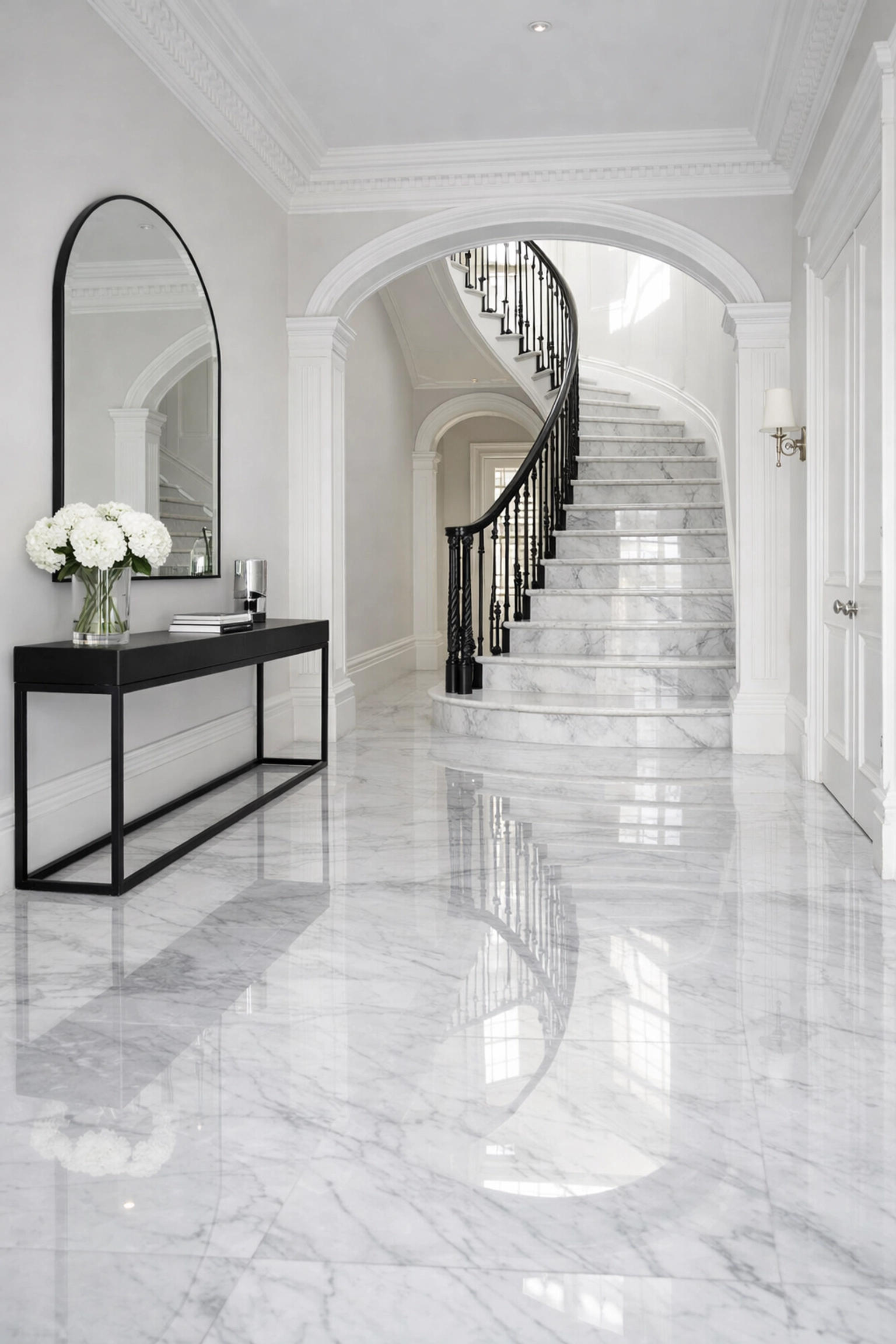A flawlessly restored Carrara marble floor in a London hallway with a high-gloss polished finish.
