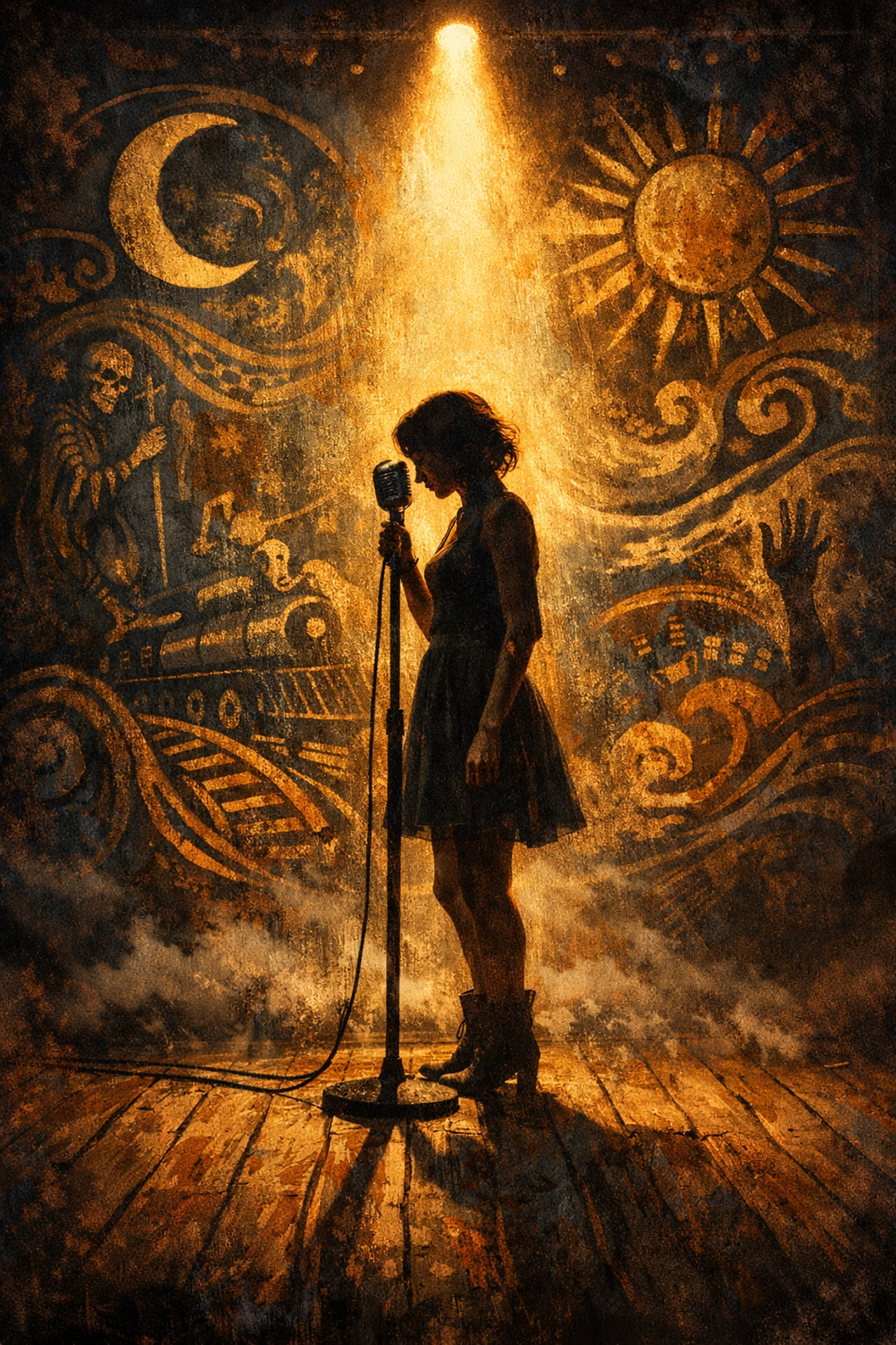 Musical theatre vocalist at vintage microphone showing authentic folk-theatre storytelling style Musical theatre vocalist at vintage microphone showing authentic folk-theatre storytelling style