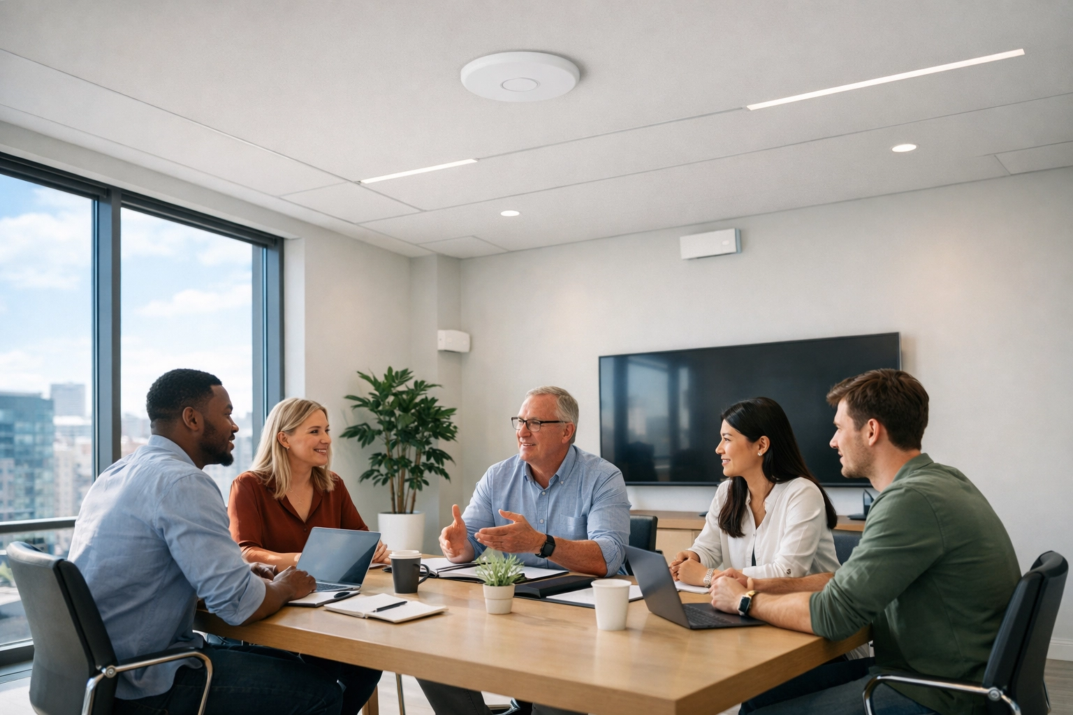 Modern SME office with integrated Wi-Fi access points for high-performance business networking.