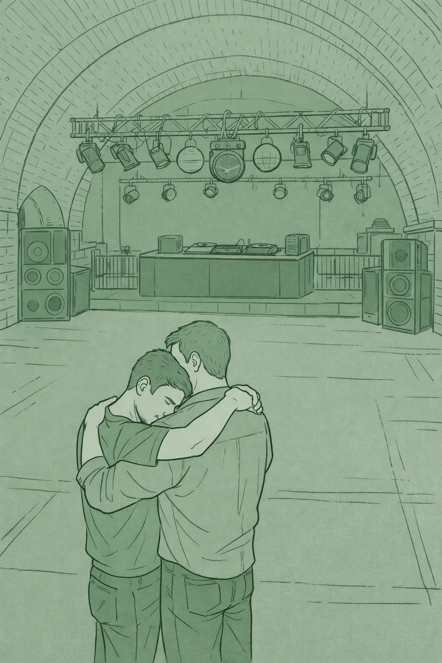 Two men embracing on Heaven nightclub dance floor representing decades of gay nightlife legacy