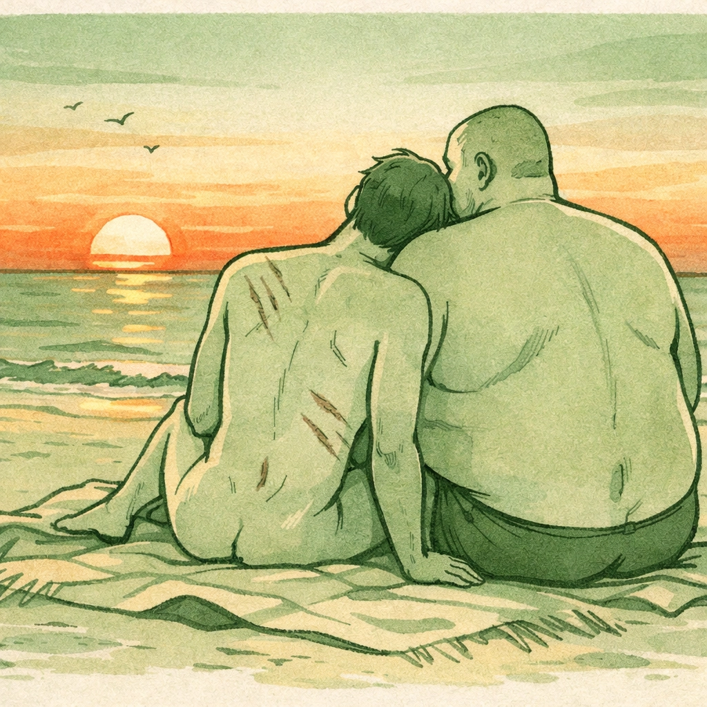 Intimate gay romance scene with two men of diverse body types at beach sunset