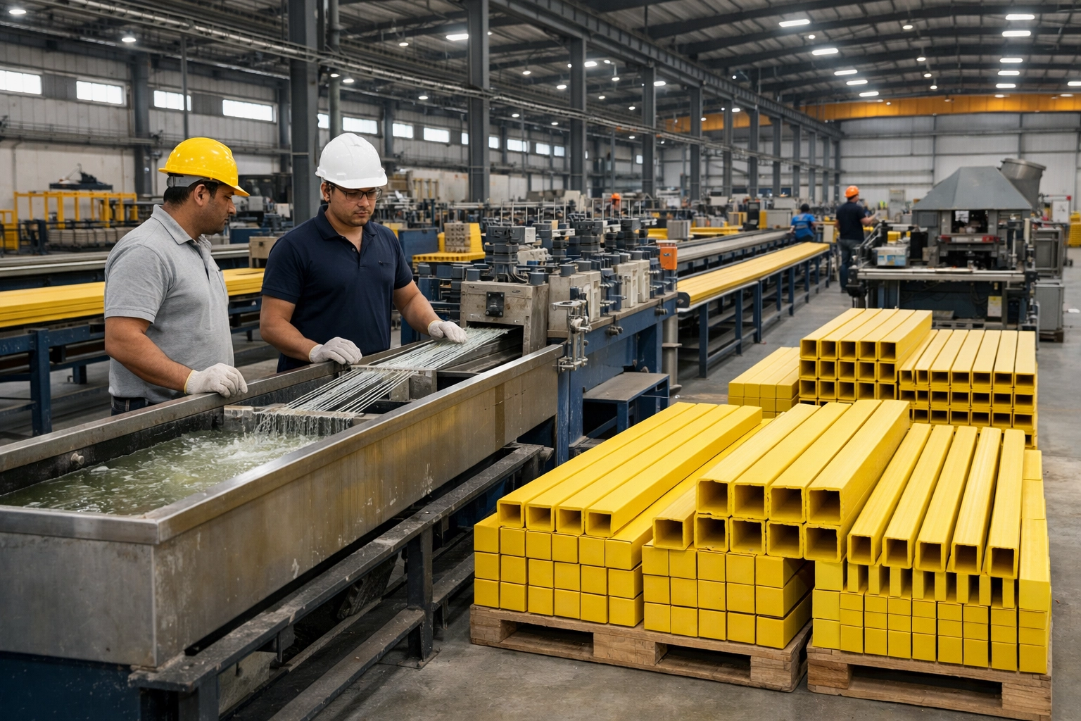 Large-scale pultrusion manufacturing facility in Jaipur, India, with production lines and stacks of bright safety yellow pultruded FRP profiles used for fencing panels and posts.