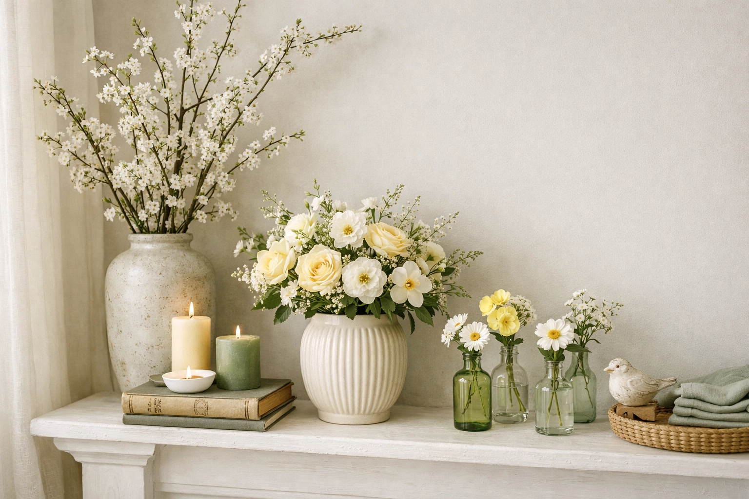 Spring flower arrangement on shelf with varying heights showing styling techniques and layered decor