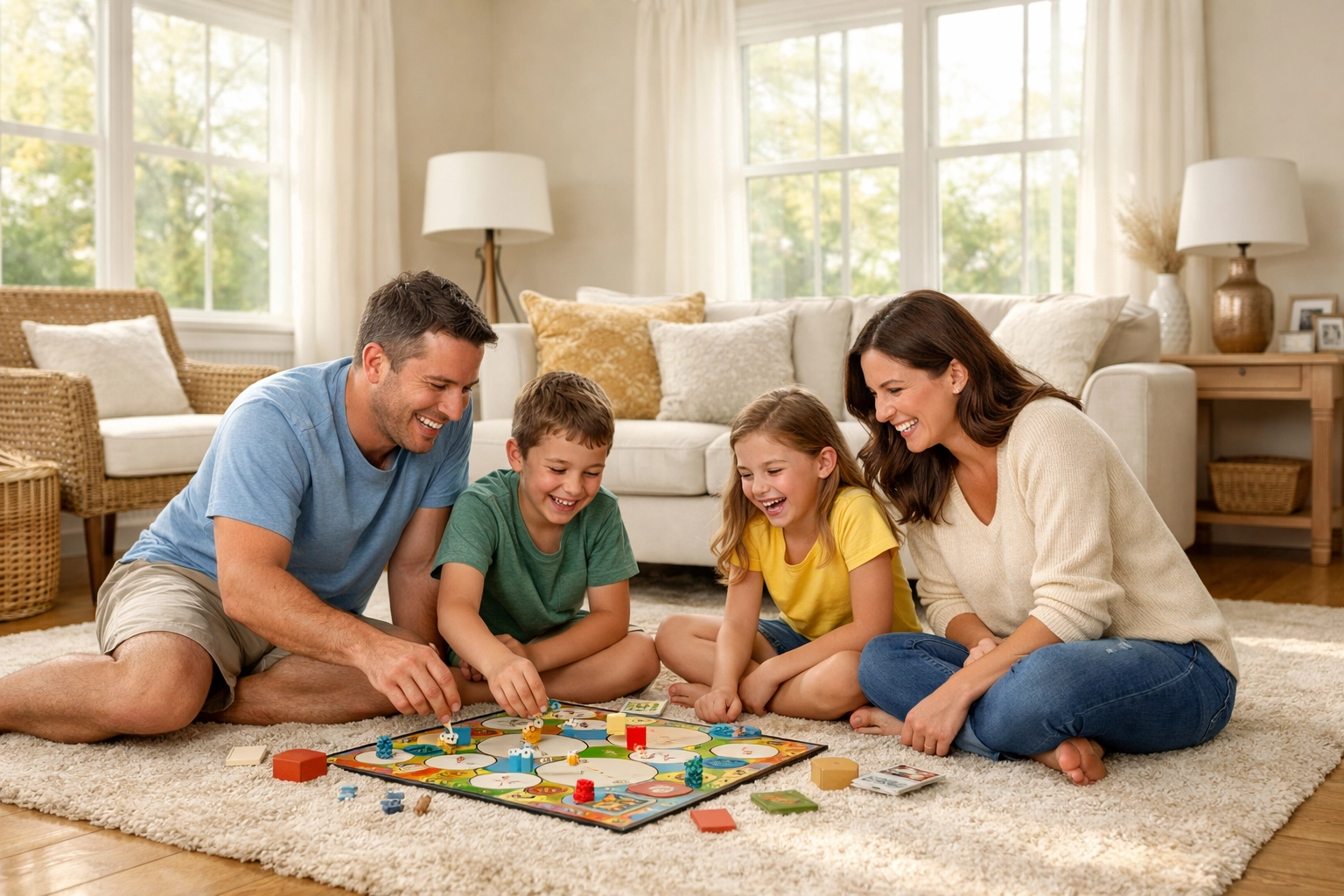 Greenville family enjoying quality time in spotless living room after professional house cleaning