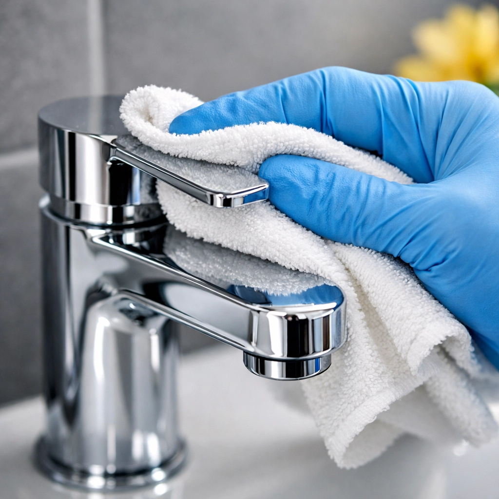 A professional cleaning service polishes a chrome bathroom fixture for a move-in ready finish in MA.