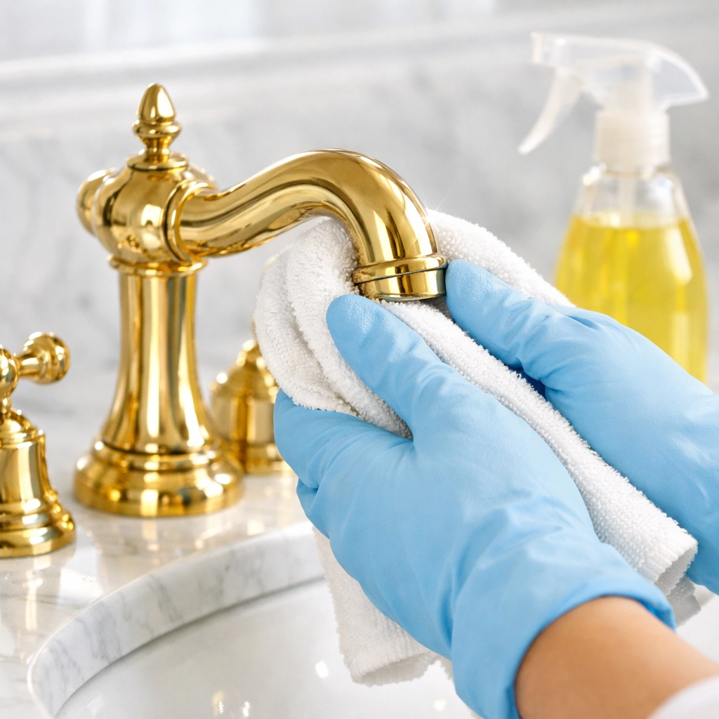 Professional cleaner polishing a brass fixture in a luxury Concord home with green-certified products.