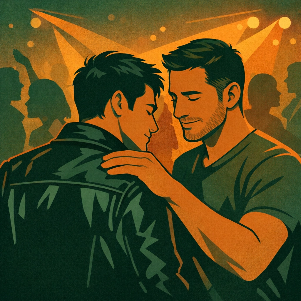 Gay romance: two men building trust at community event in fetish scene