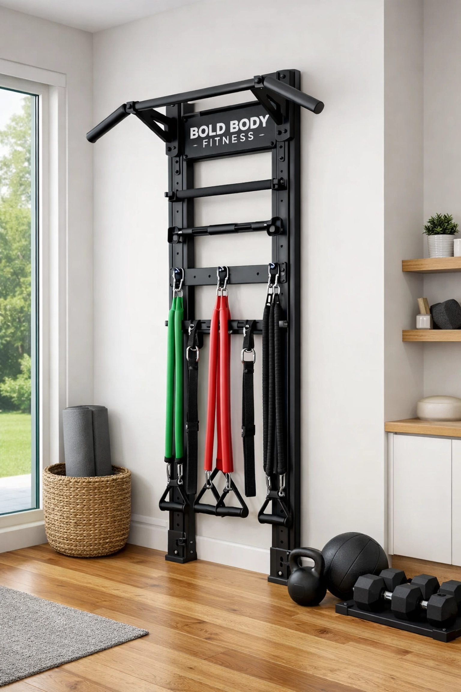 Versatile home gym setup featuring the Resistance Rail with pull-up bar and band attachments.