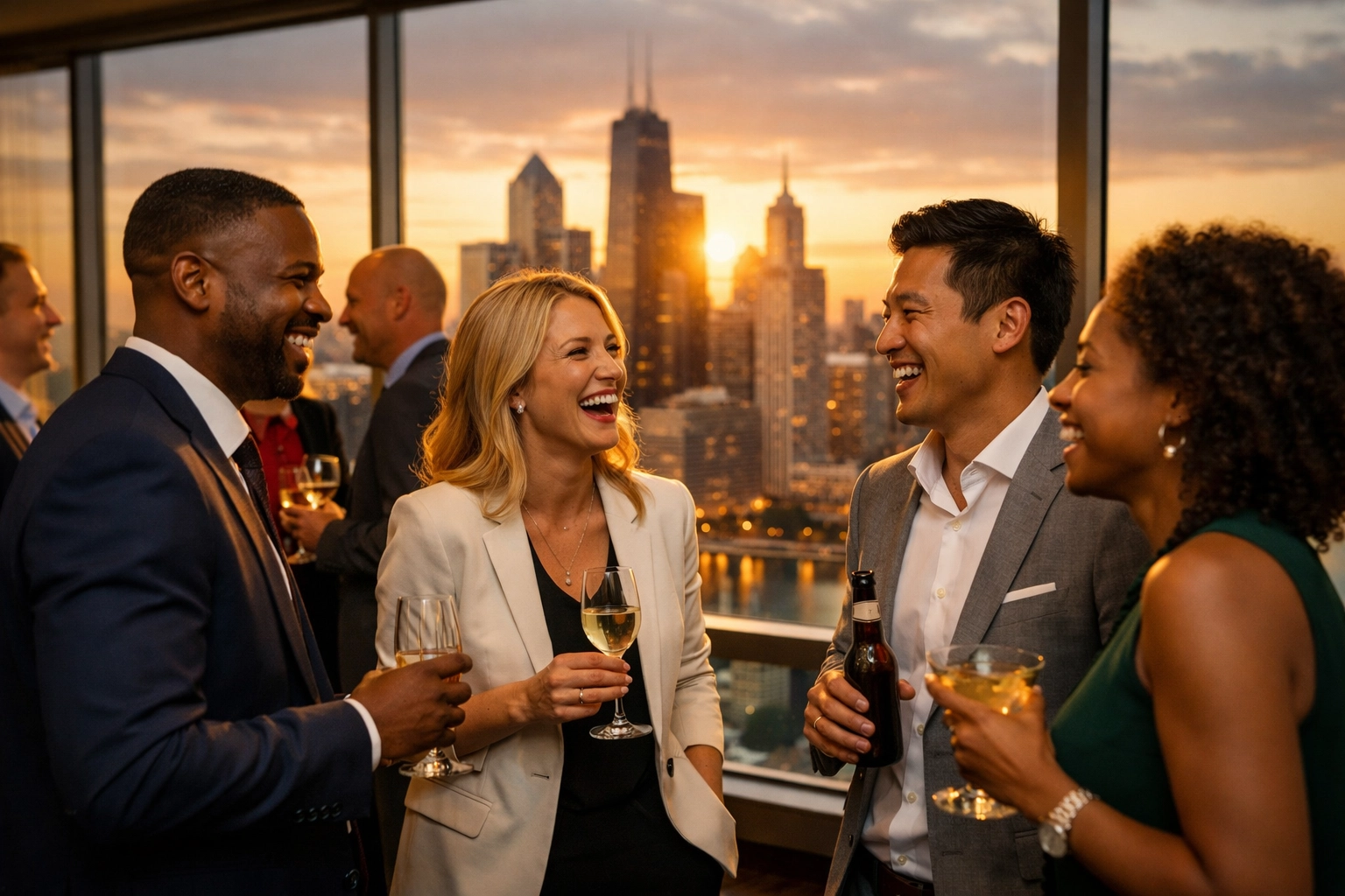 High-quality corporate event photography capturing professionals networking in a Chicago skyscraper.