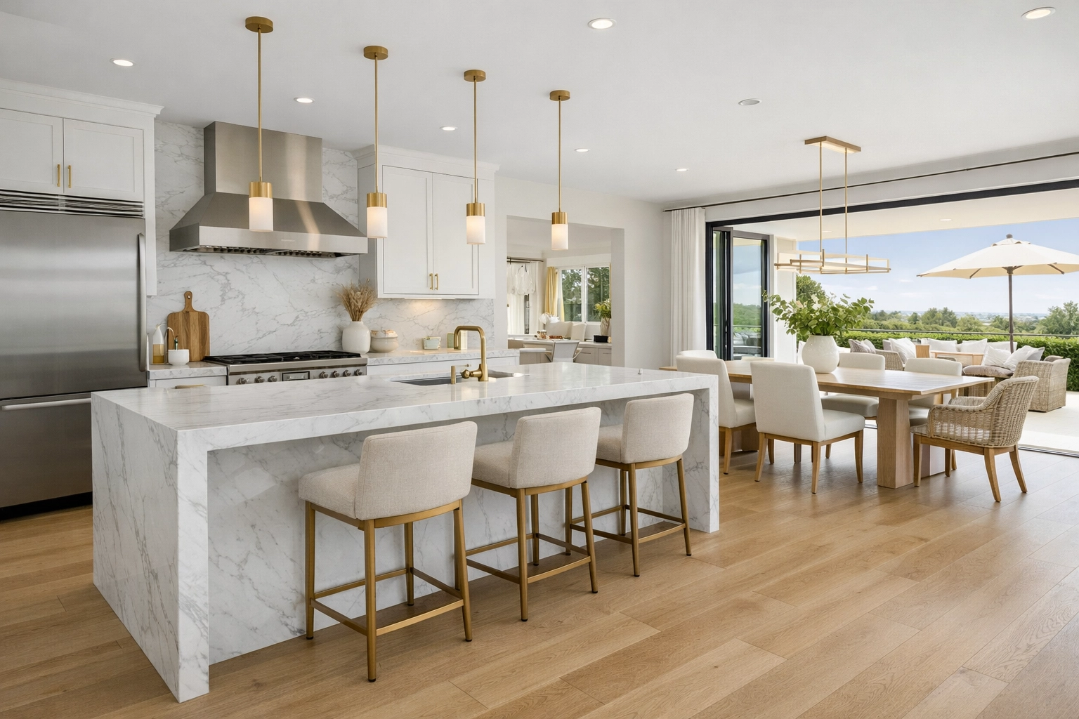 Interior of a modern luxury kitchen in a South Florida home with marble waterfall countertops.