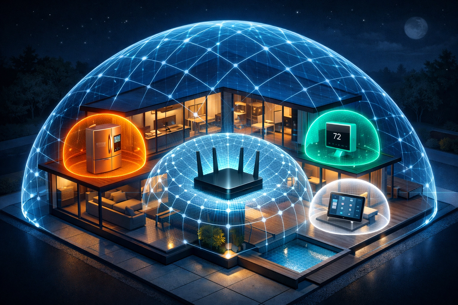 Secure smart home layout demonstrating network segmentation to isolate IoT devices and improve privacy.