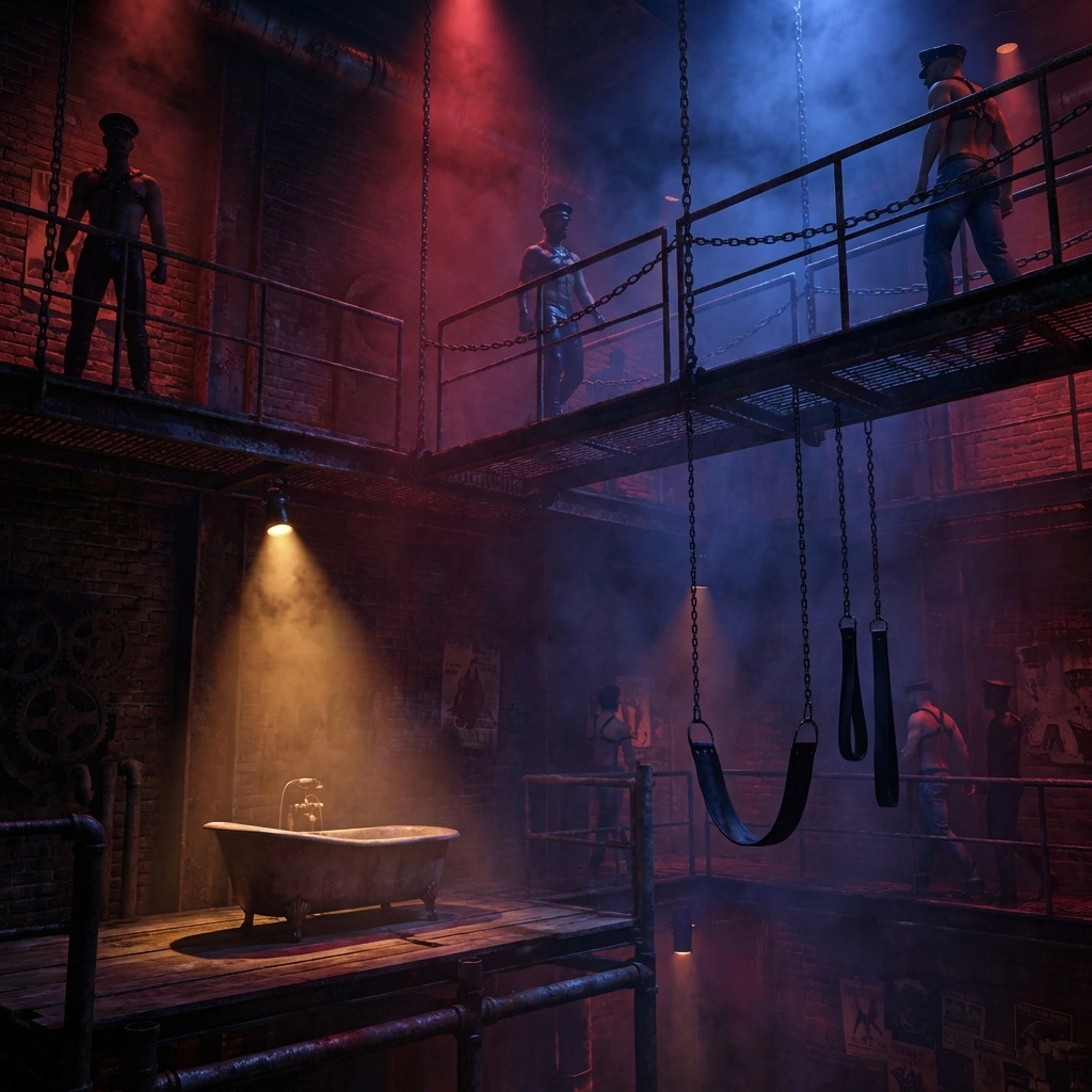 Inside the Mineshaft: Multi-floor leather bar interior with slings and dungeon spaces