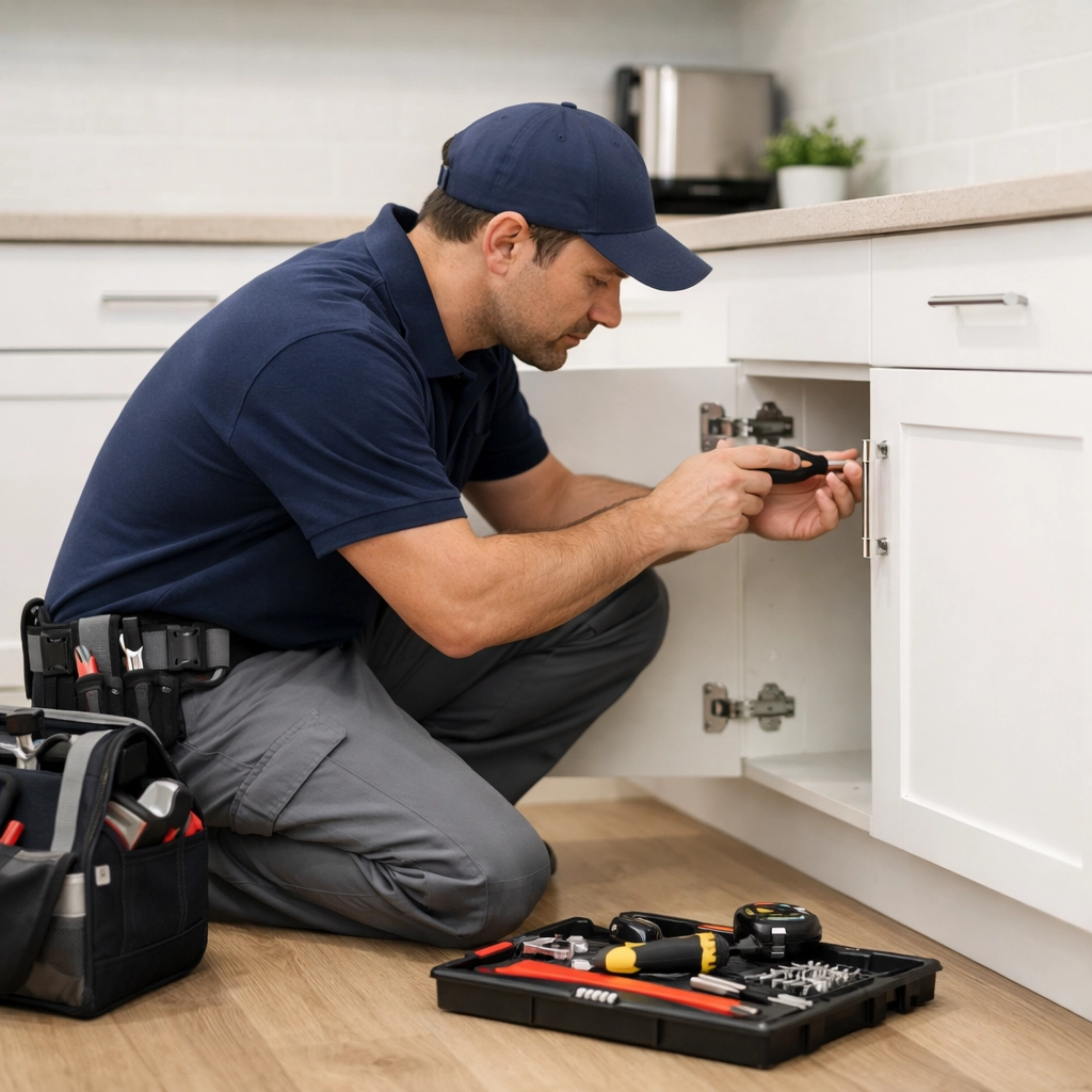 Maintenance technician repairing kitchen cabinet during apartment turnover