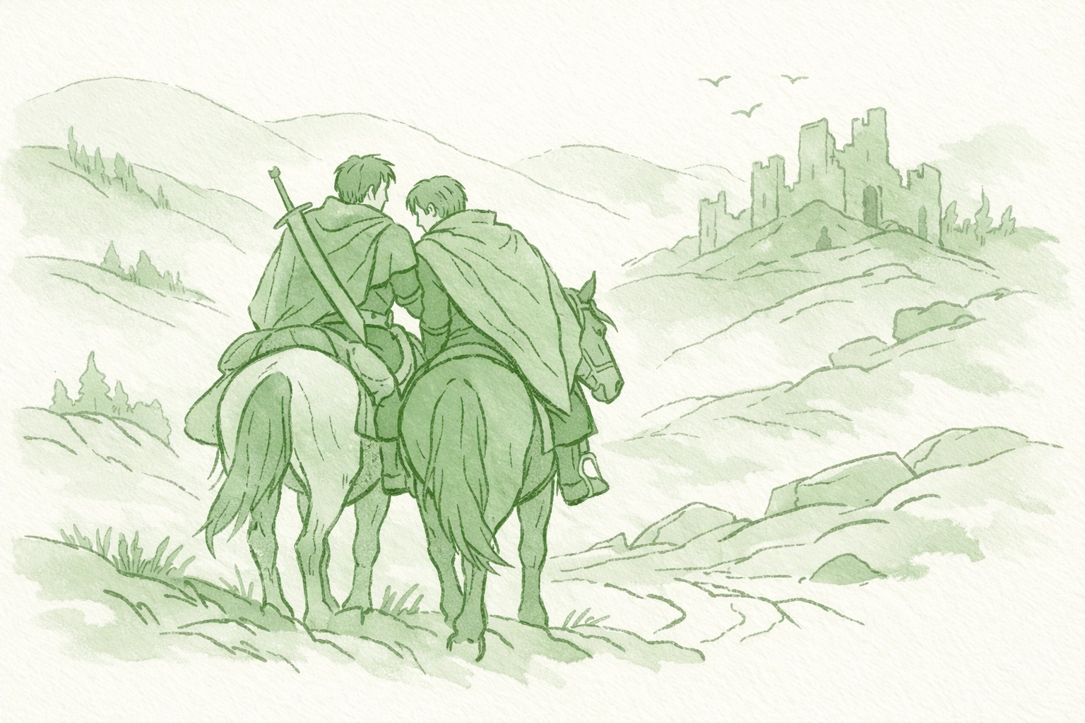Two men on horseback journey through fantasy landscape - MM adventure romance