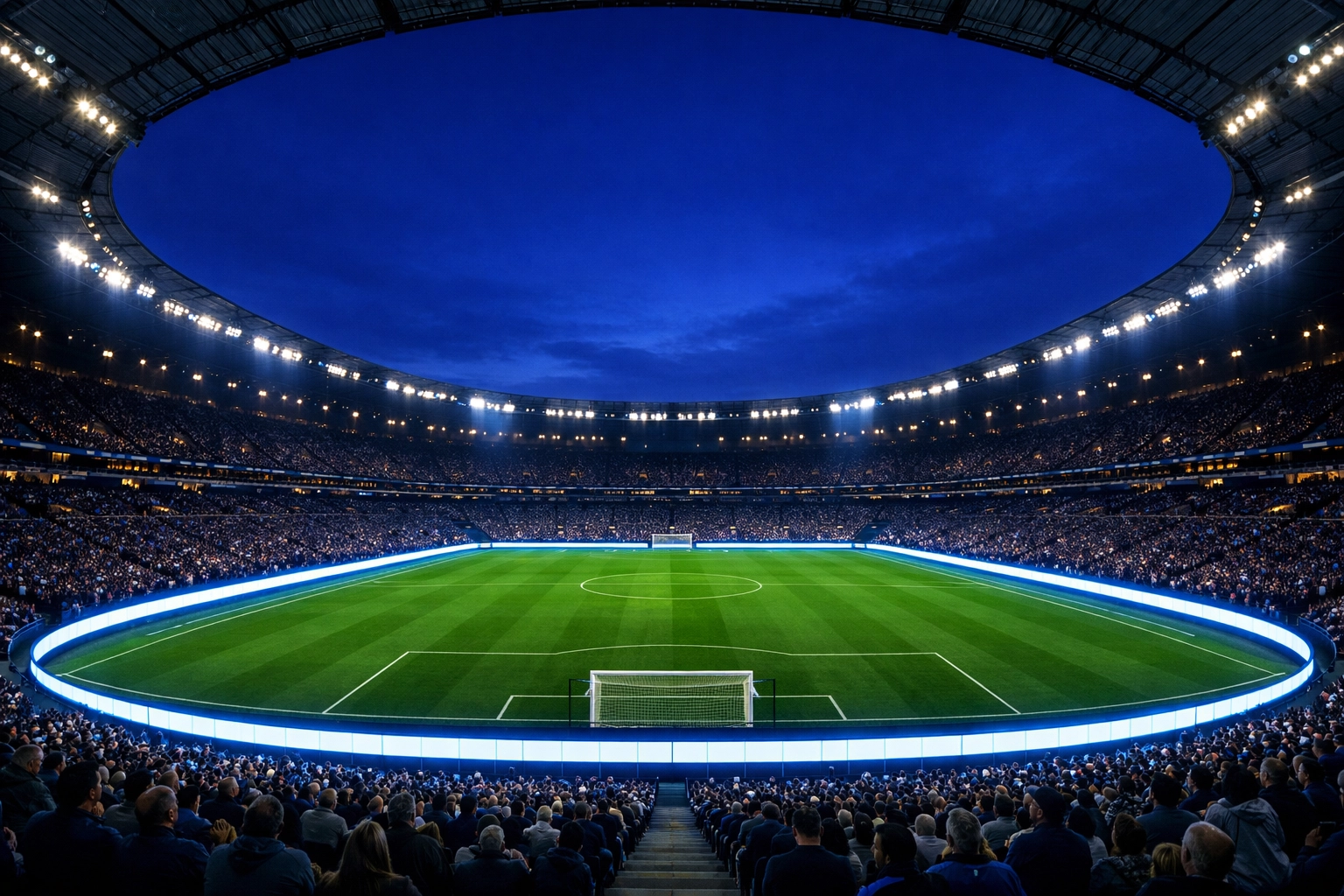 Wide-view of a sports stadium with continuous pitch-side LED perimeter advertising boards.