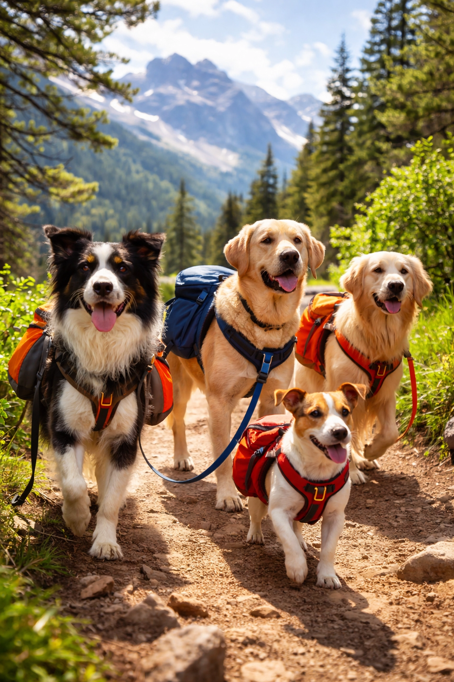 Chiens de différentes races en randonnée en montagne avec sac à dos, parfait pour voyager avec son chien en été
