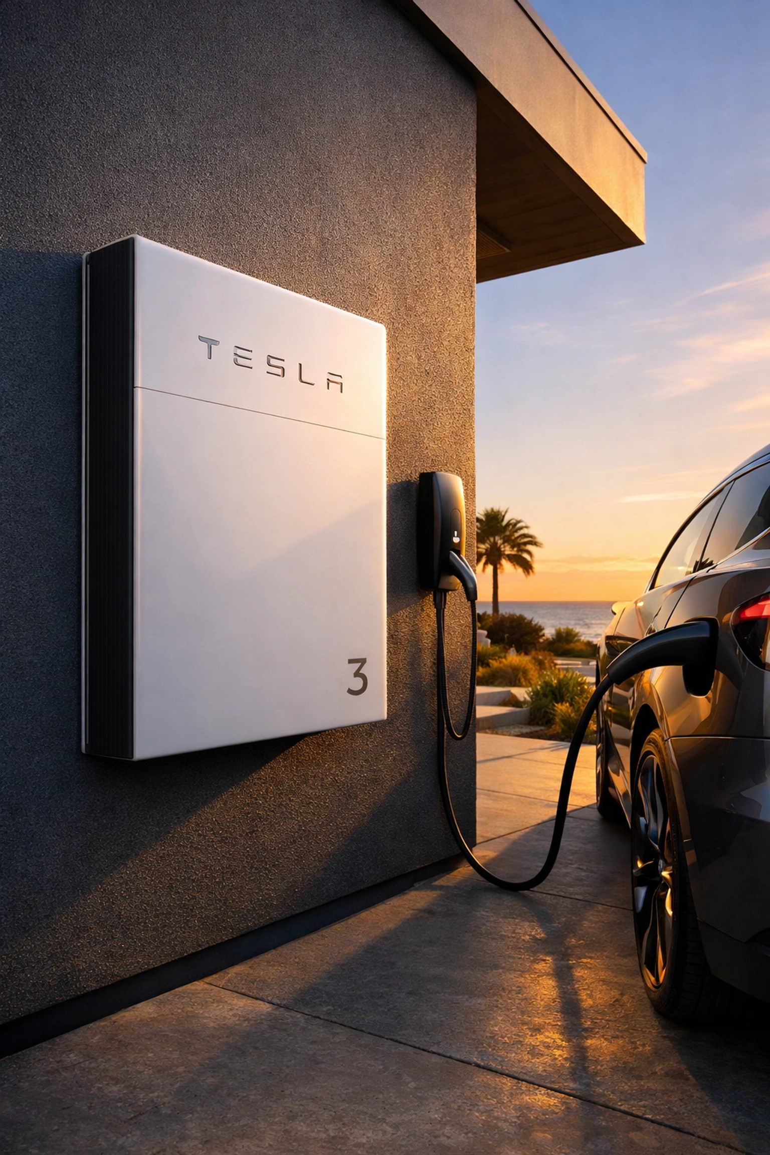 Tesla Powerwall 3 installed on a coastal home exterior next to an electric vehicle charger.