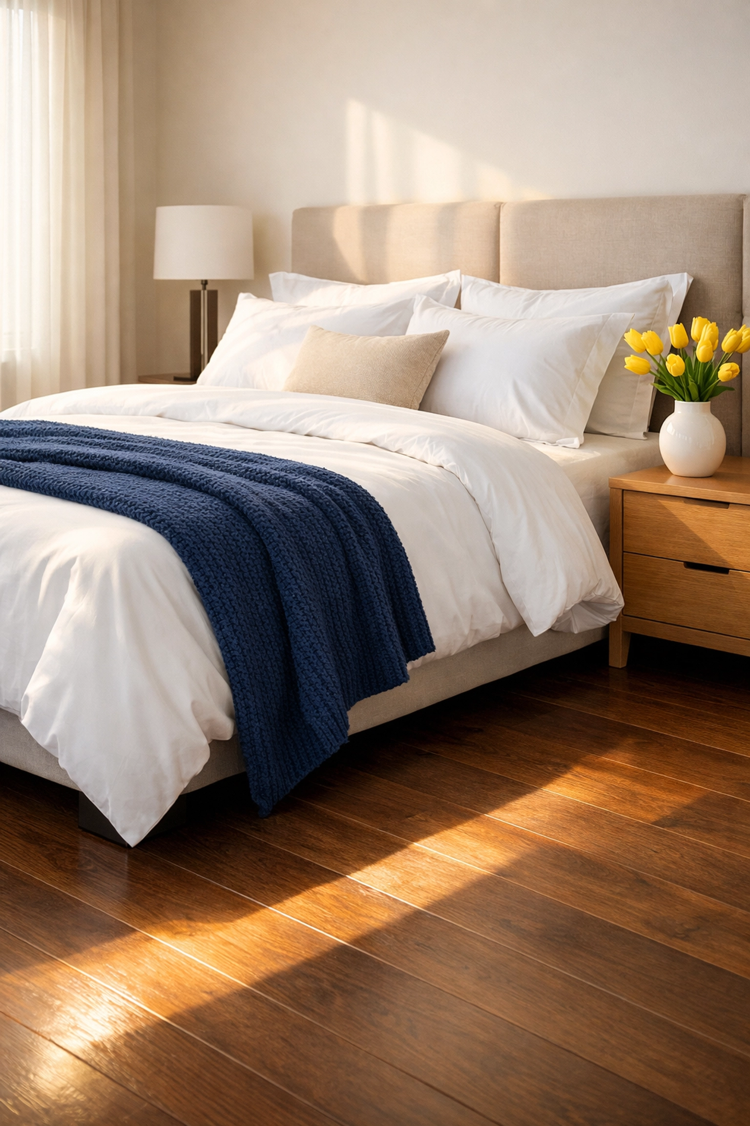 Spotless Westford master bedroom with dust-free dark wood floors and crisp white linens.