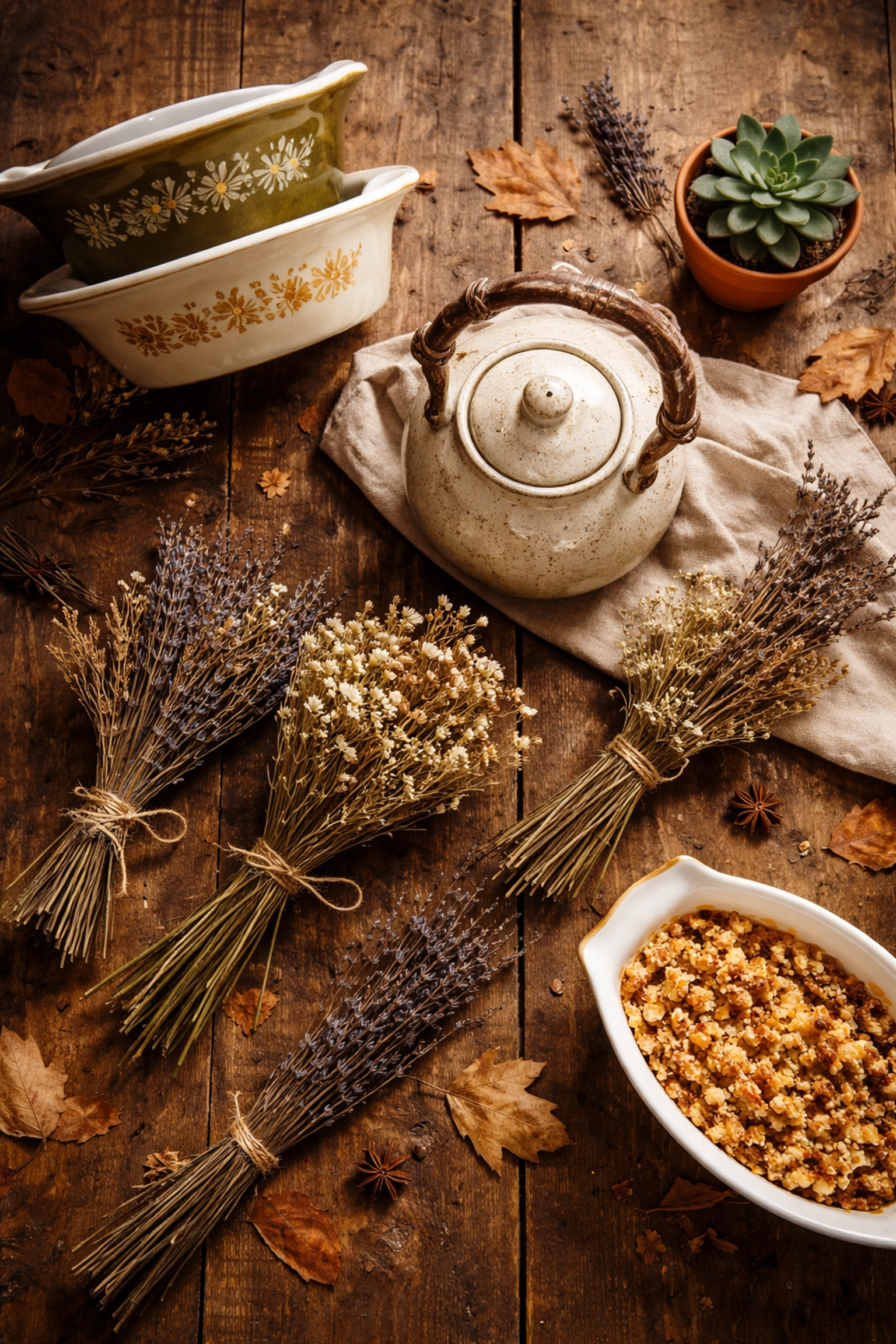Farmhouse table styled with handmade ceramics, dried flowers, vintage dishes, and natural textures for authentic cottagecore decor.