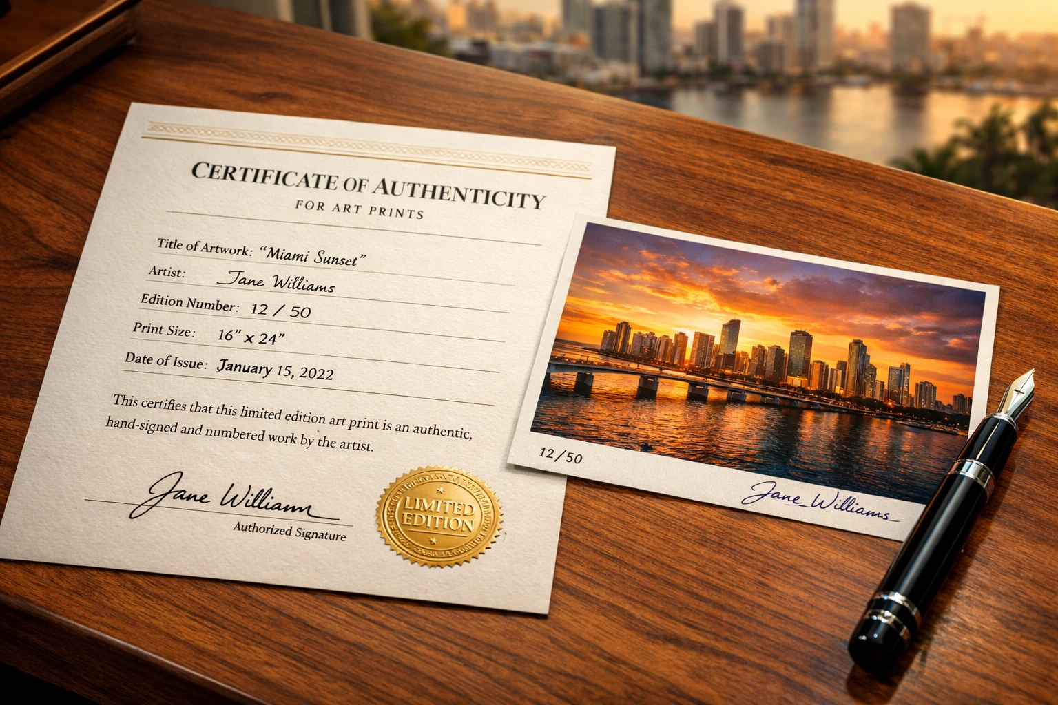 A certificate of authenticity for art prints alongside a signed limited edition photography piece on a desk.