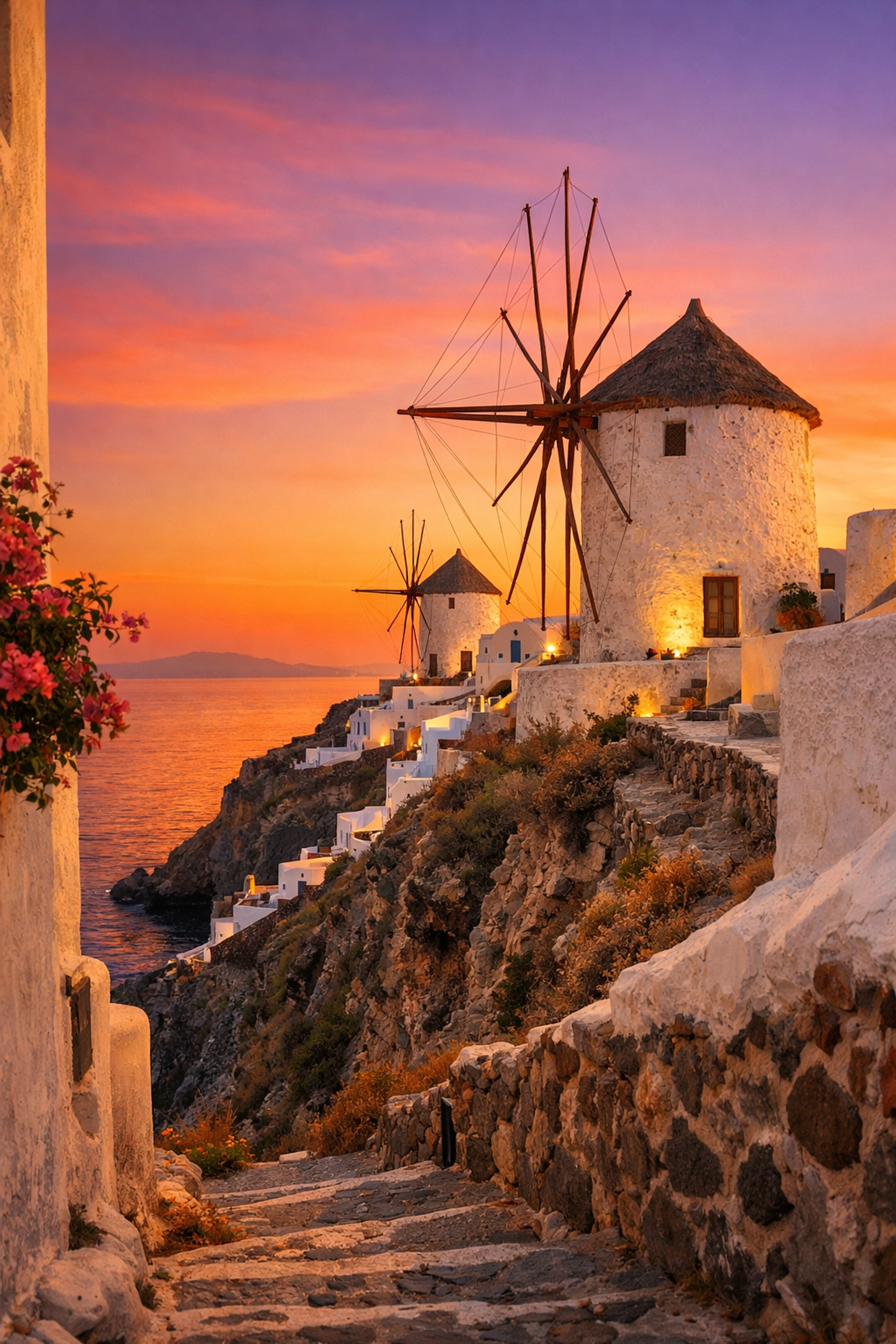 Sunset over the Oia windmills in Santorini, one of the best photography locations for golden hour.