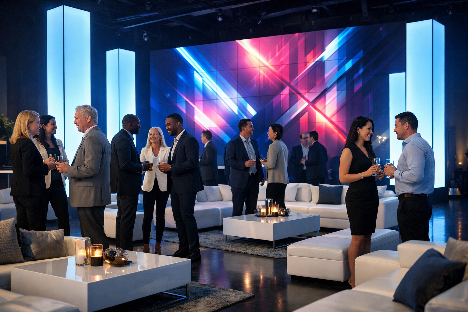 Immersive brand activation at a corporate event featuring professional networking and high-end production design.