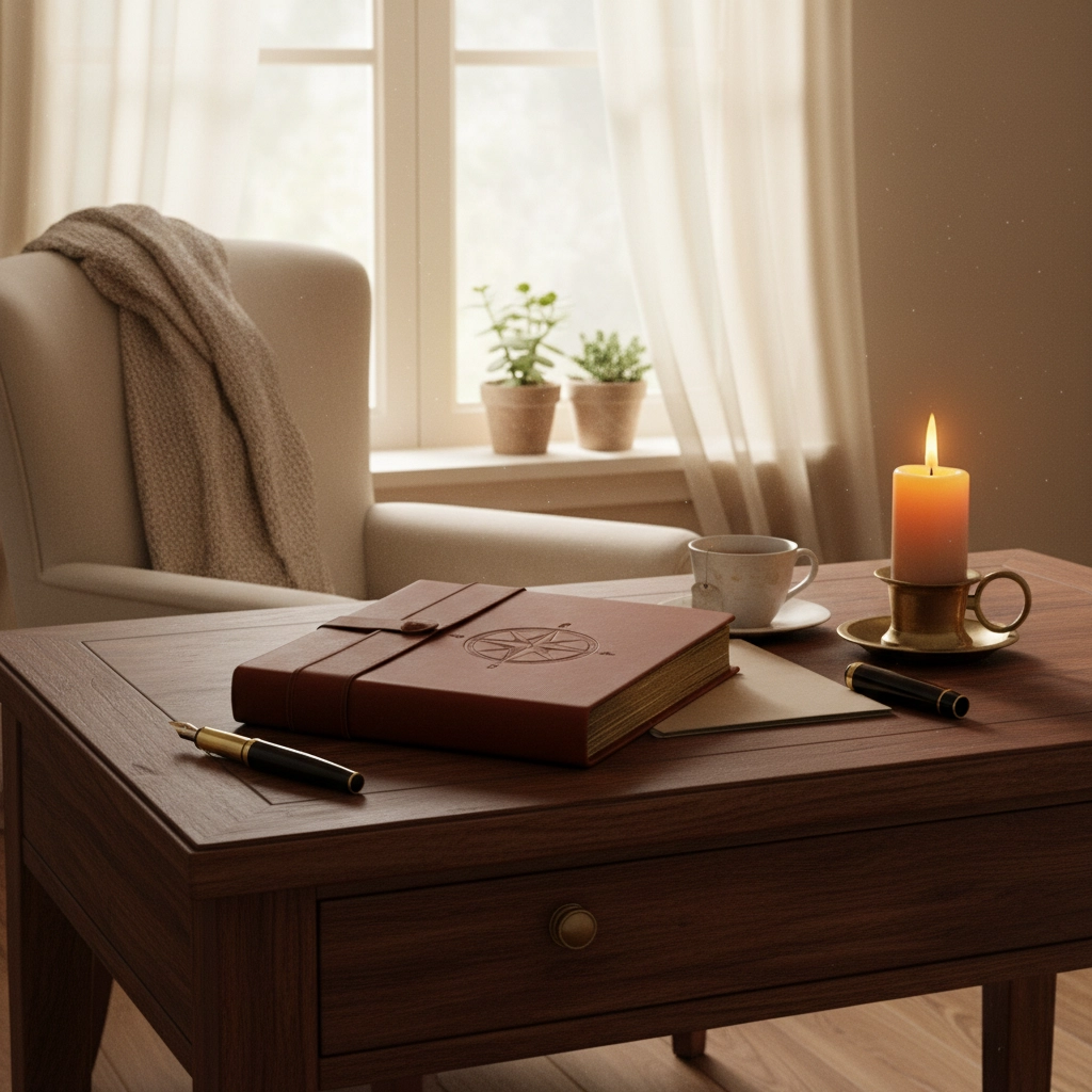 A peaceful writing nook with a leather journal, candle, and tea by a window, representing the calming environment often used for expressive writing for trauma.