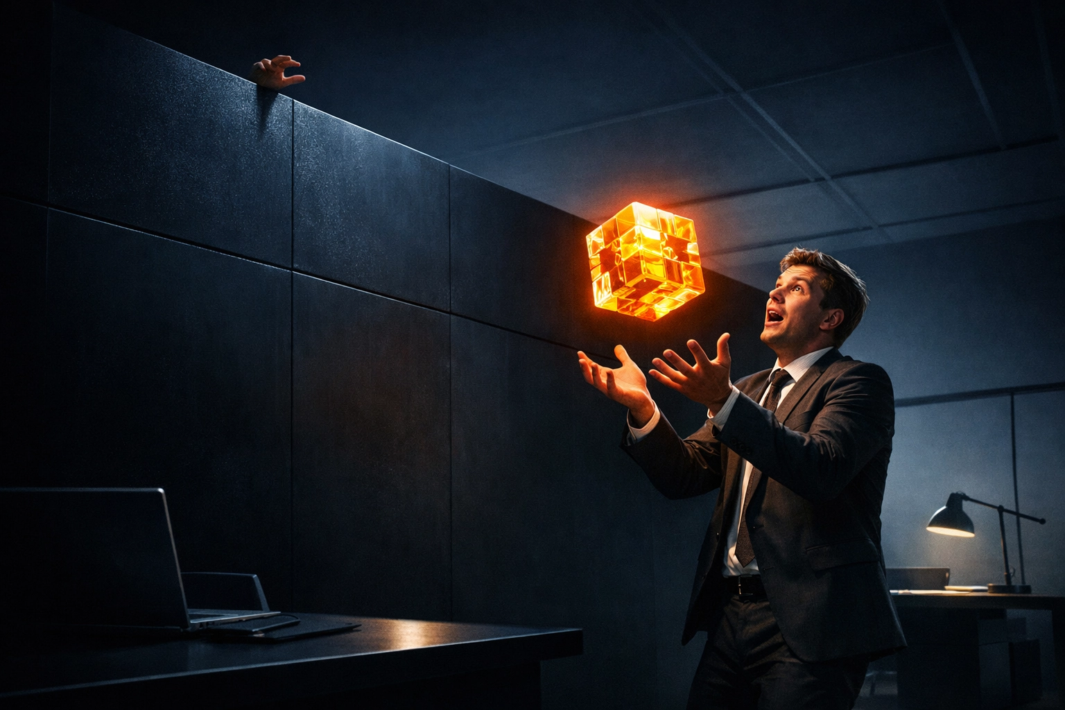 Confused employee catching a glowing cube tossed over a wall, showing the mistake of delegation without context.
