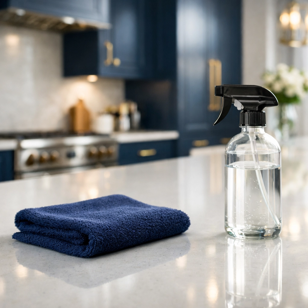 Professional post-construction cleaning in Marlborough using eco-friendly products on luxury kitchen surfaces.