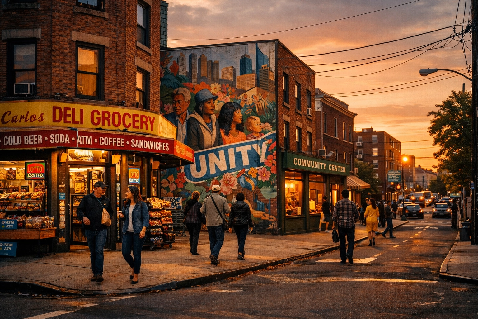 Local community neighborhood with nonprofit office serving residents at street level