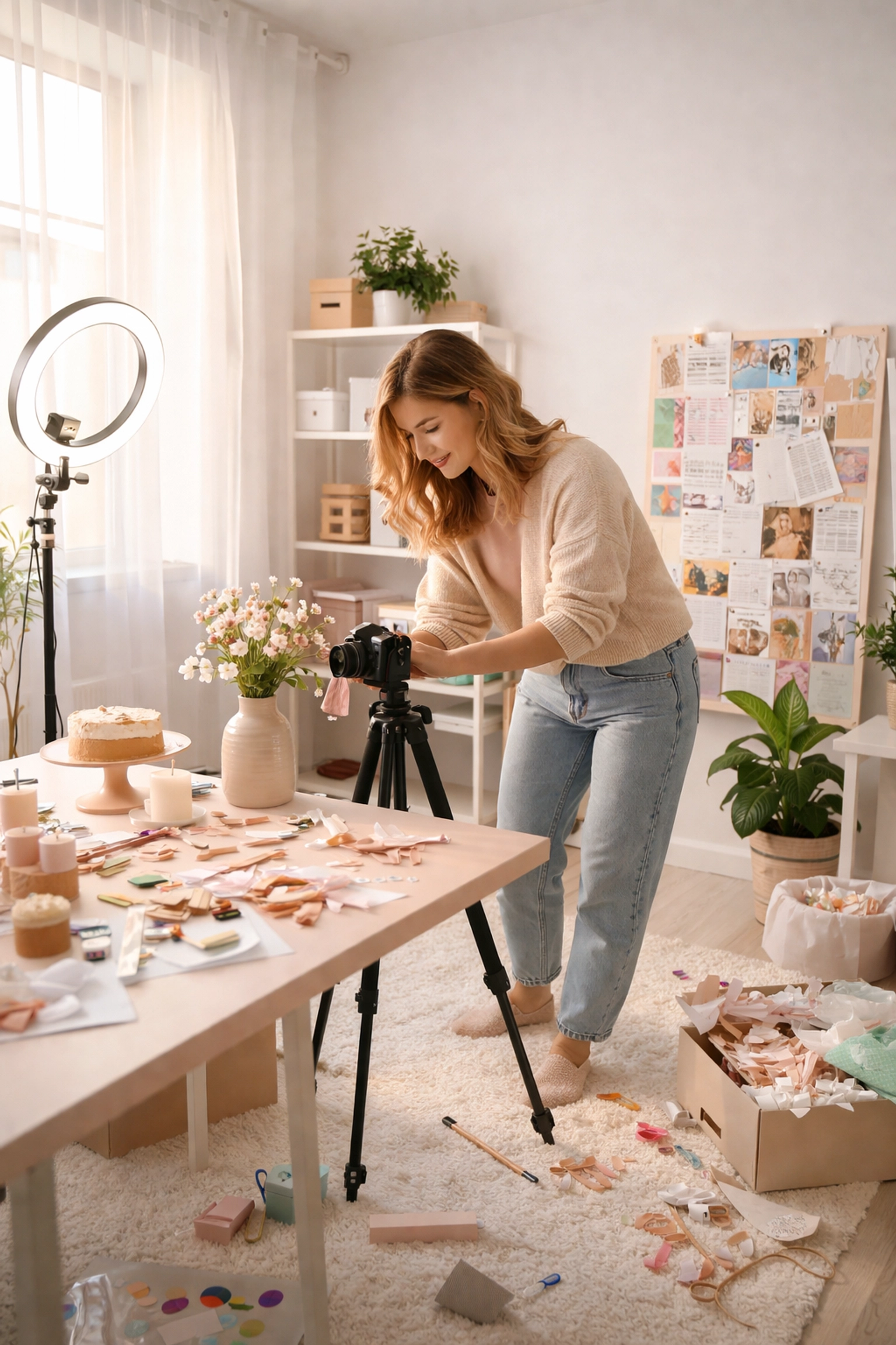 Woman entrepreneur setting up props for a behind-the-scenes Reel in a sunlit workspace