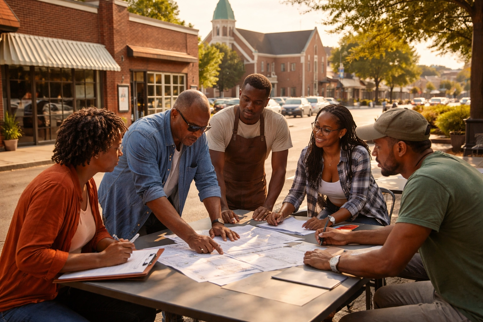 Community members and business owners collaborating outside, strengthening the local closed-loop economy.