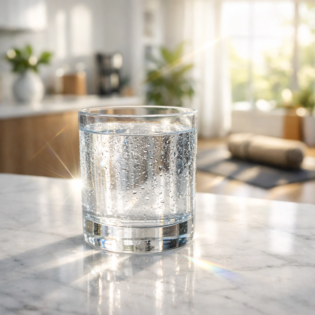 A glass of clear purified drinking water on a countertop, representing optimal health and hydration.