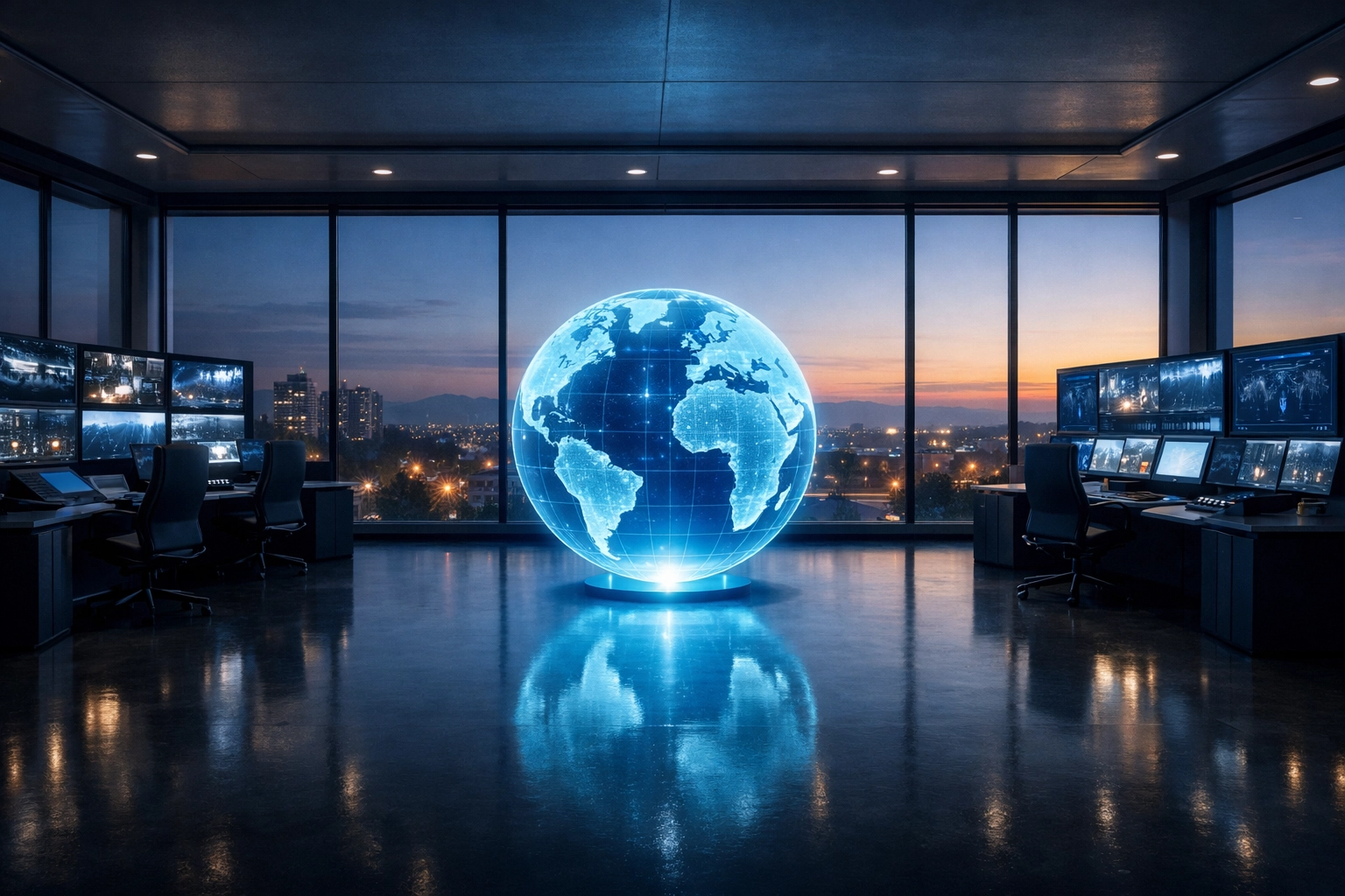 A serene security control room overlooking a city at dawn, symbolizing watchful protection and national vigilance.