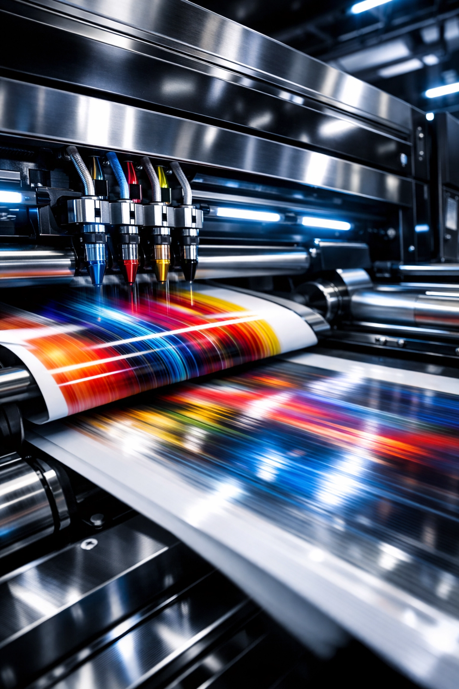 A high-tech printing press producing premium magazine pages for global distribution and luxury publishing.