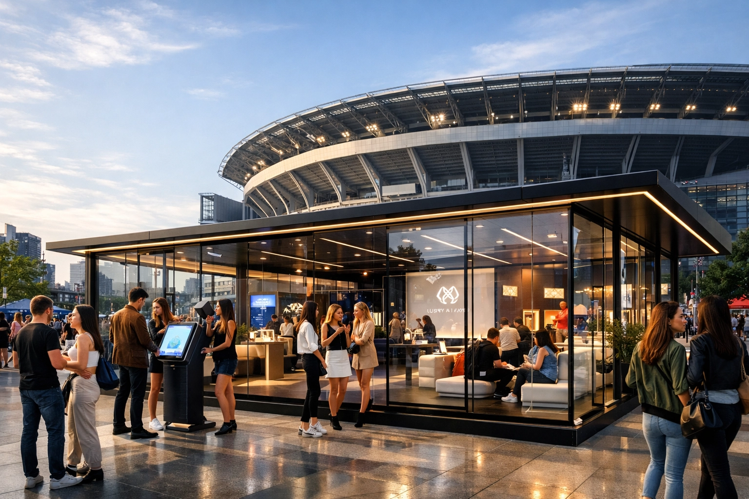 A branded NIL House activation near a stadium featuring interactive fan engagement zones and digital kiosks.