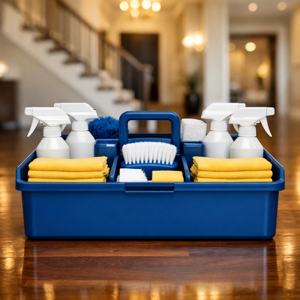 Organized professional supplies for high-end residential cleaning Massachusetts in a luxury home.