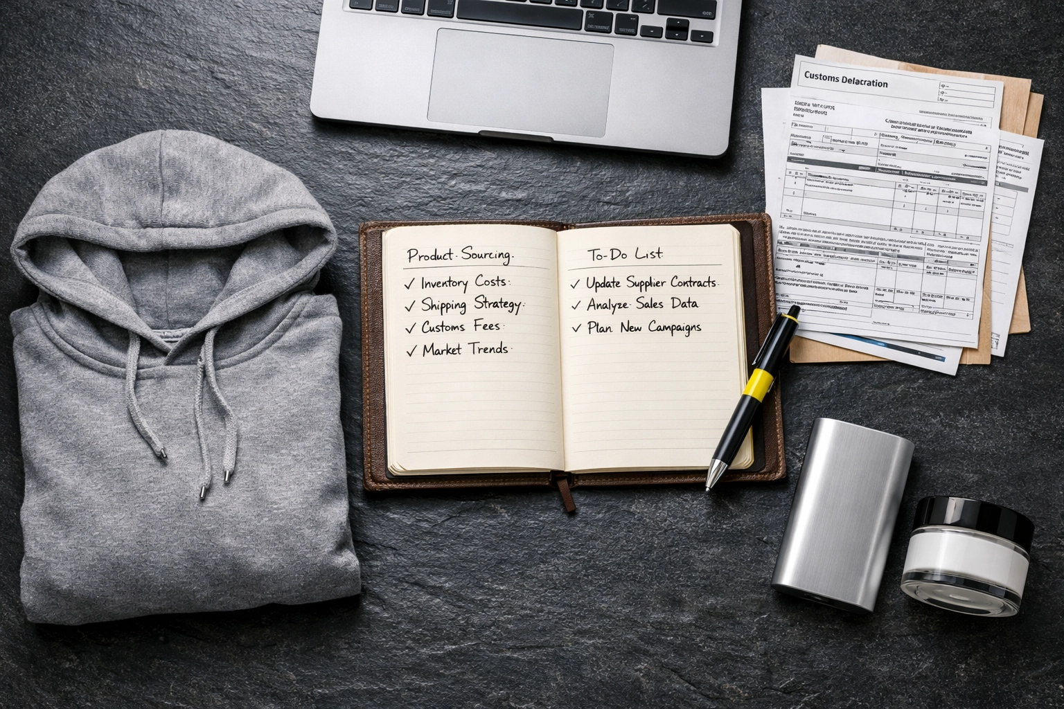 Wholesale product samples for Amazon FBA sourcing including electronics, apparel, and beauty skincare on a desk.