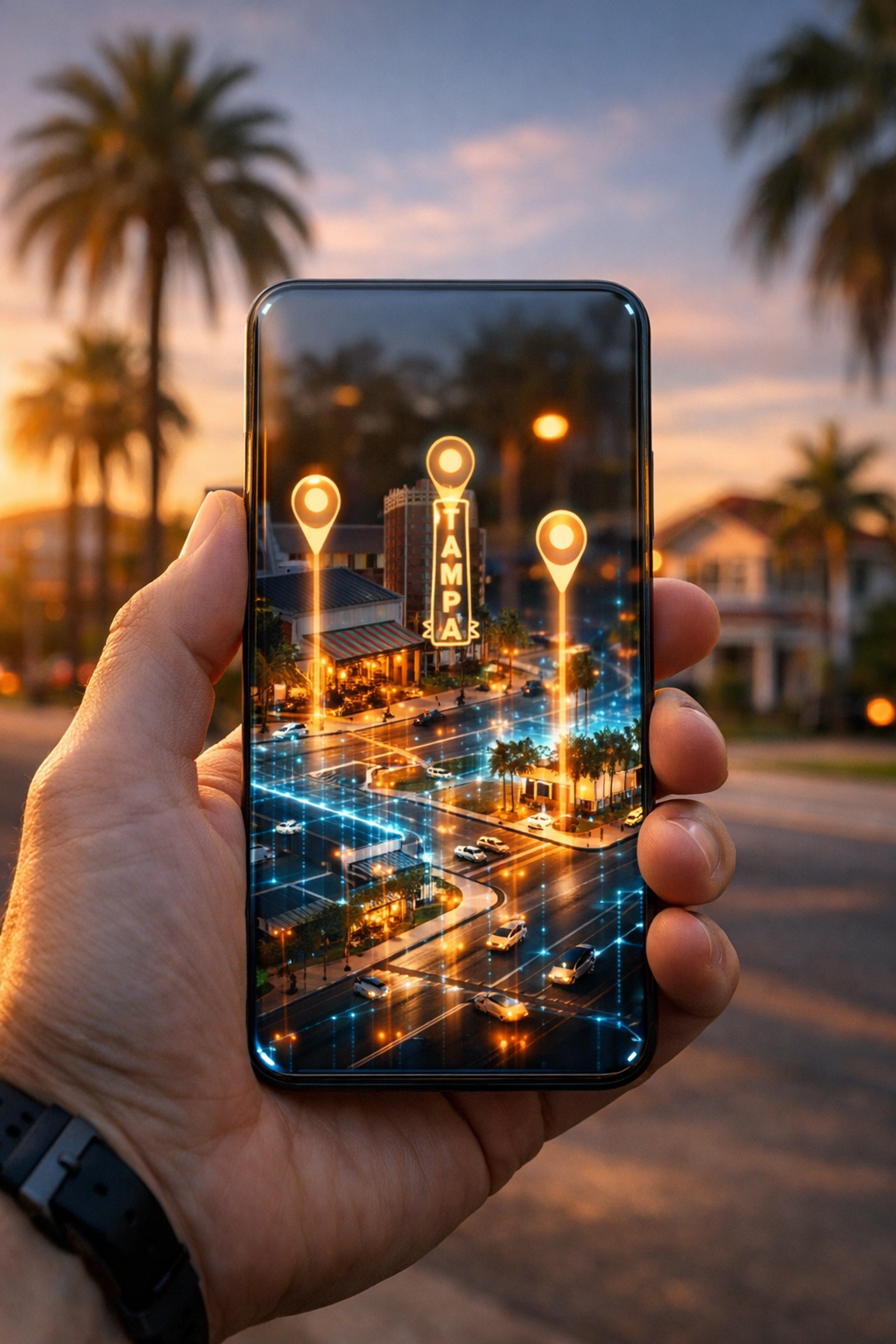 Smartphone displaying a digital map pinning Tampa businesses for precise location accuracy in local search results.