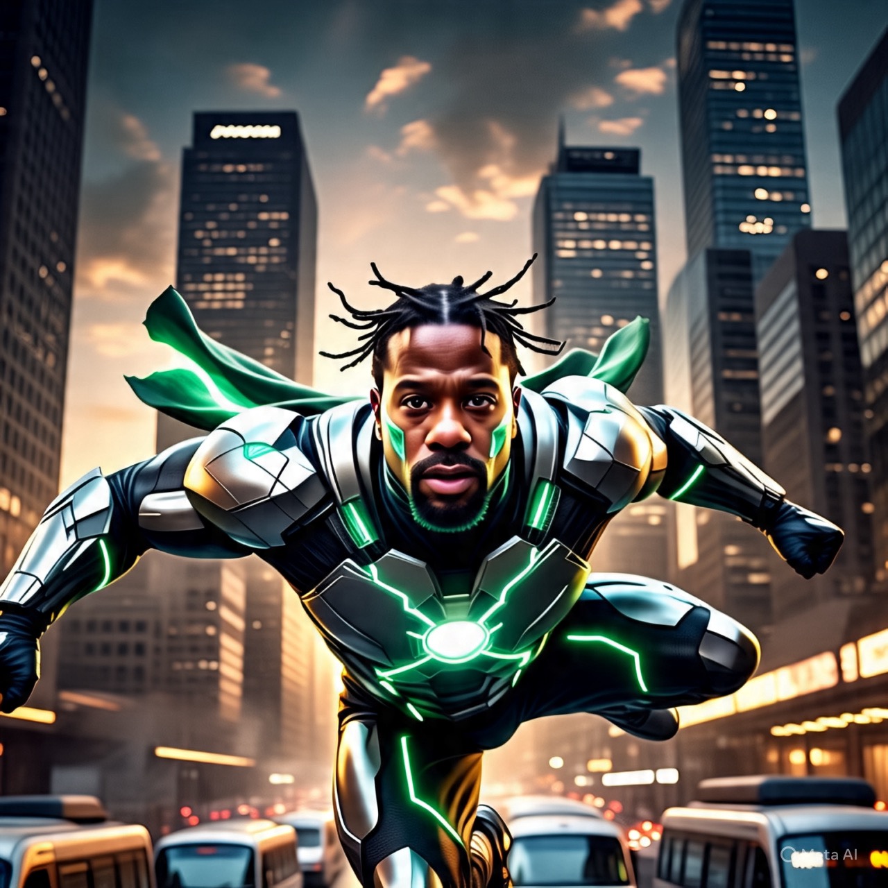 A superhero in a futuristic suit takes action in a busy city