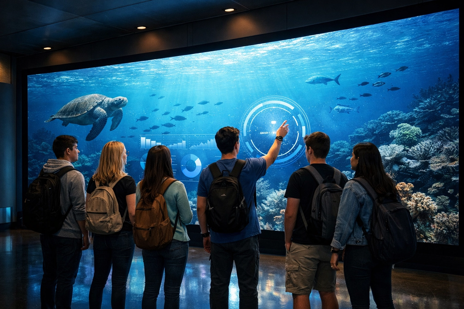 Students interacting with a large LED wall at an aquarium, showcasing educational venue media and digital signage.