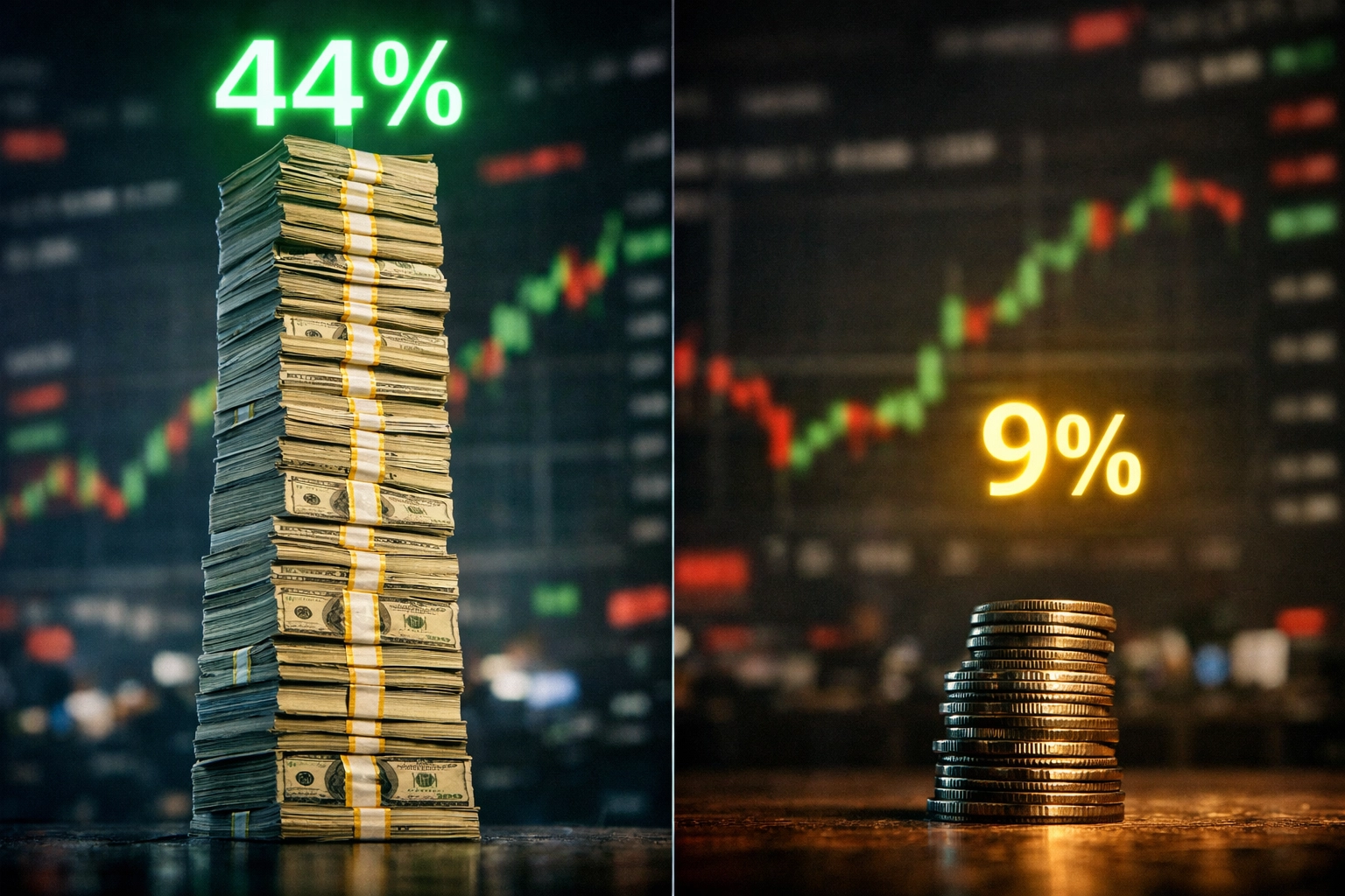 Visual comparison of 44% AI stock returns versus 9% earnings growth showing valuation gap