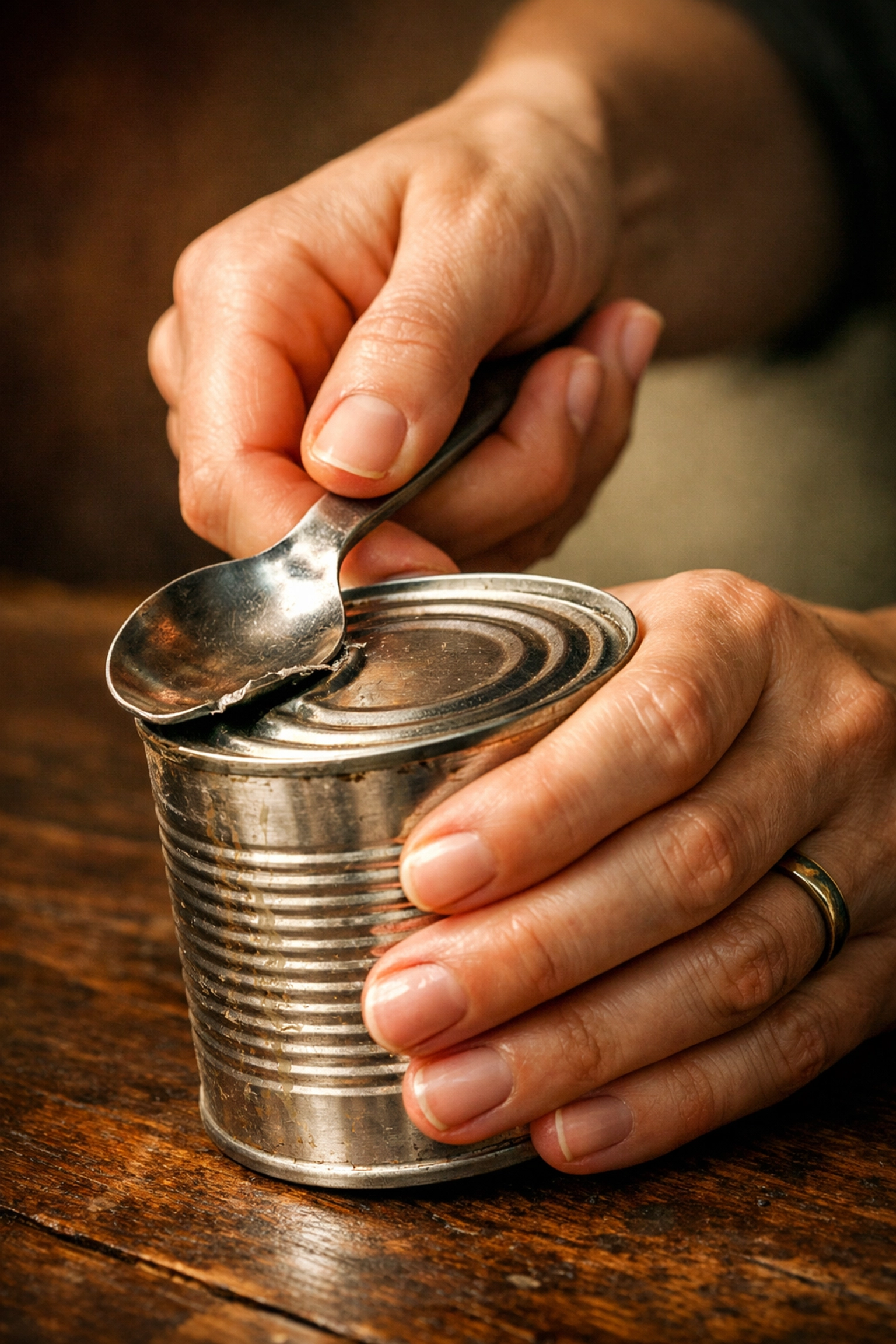 Hands opening a can with a metal spoon demonstrating emergency can opening technique without opener