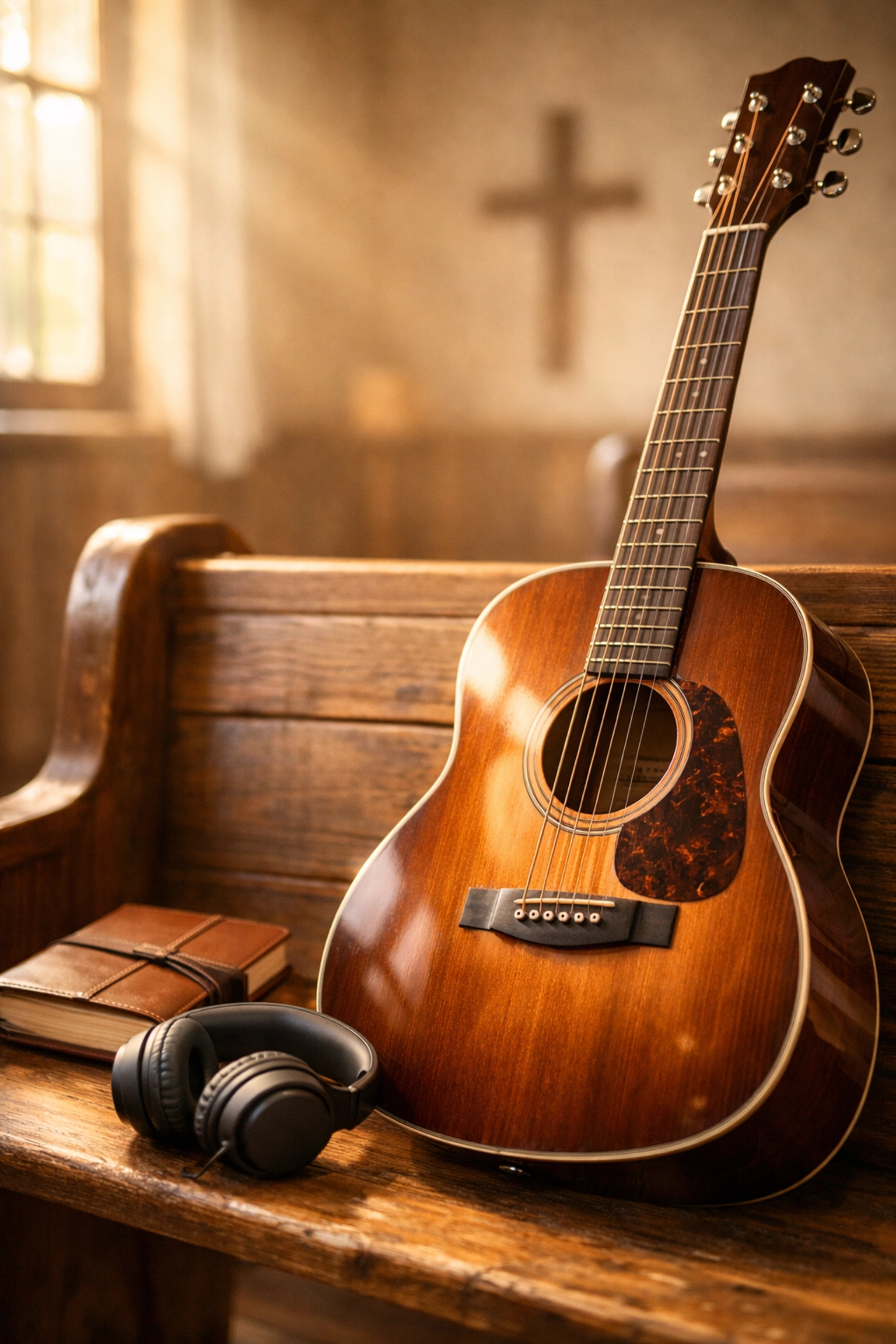 Acoustic guitar and journal in a sunlit chapel, representing heartfelt Christian music ministry.