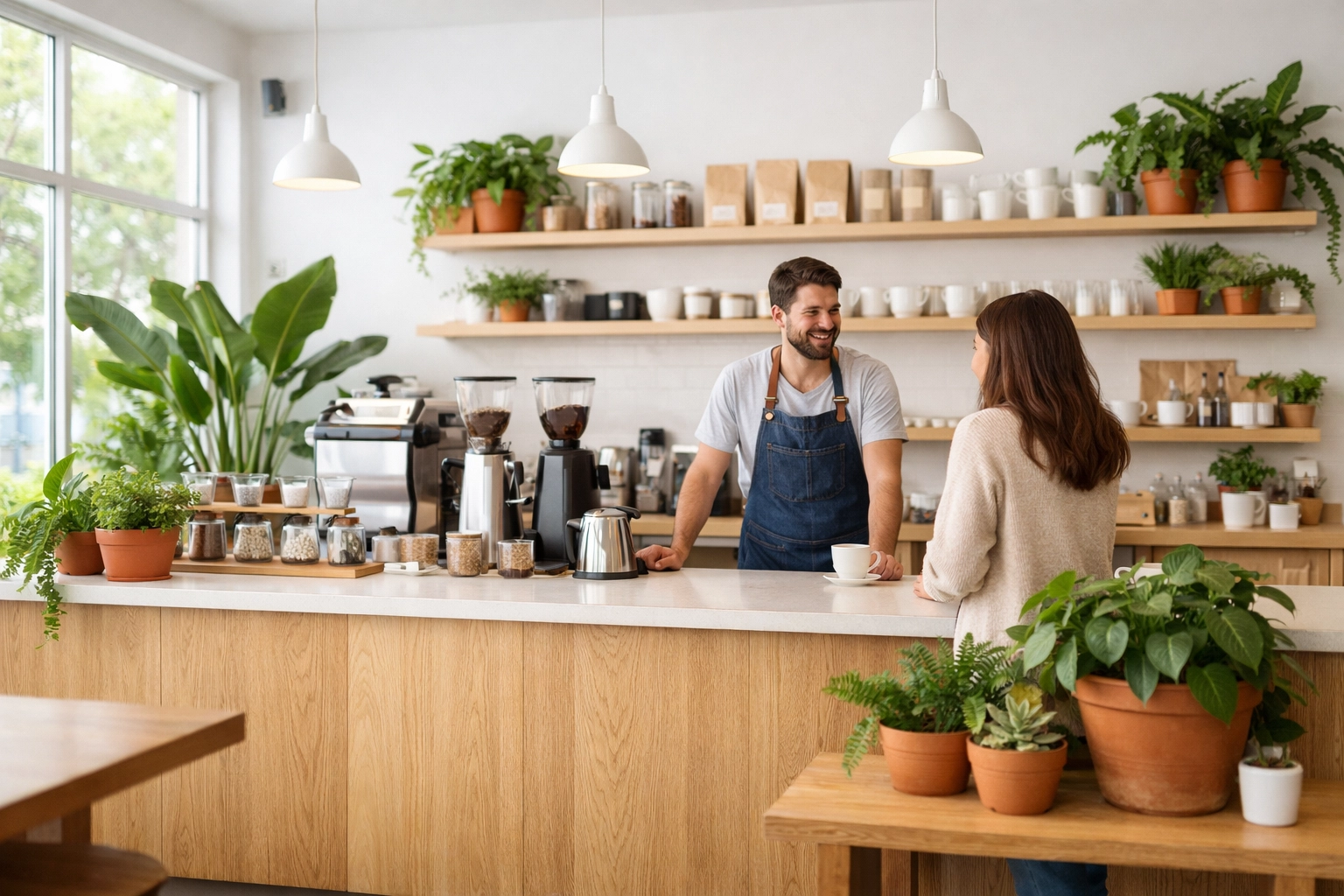 Bright and modern interior of a specialty coffee shop featuring minimalist wood design and natural lighting.