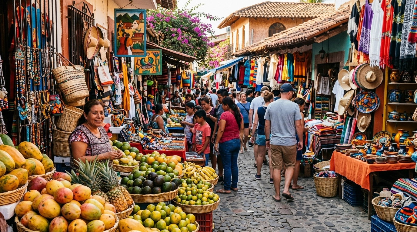 A colorful and bustling local market in Puerto Vallarta filled with tropical fruits and crafts